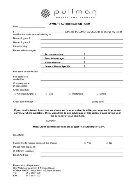 Fillable Online Payment Authorisation Form Pullman Doc Fax Email Print