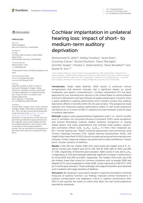 Pdf Cochlear Implantation In Unilateral Hearing Loss Impact Of Short To Medium Term Auditory