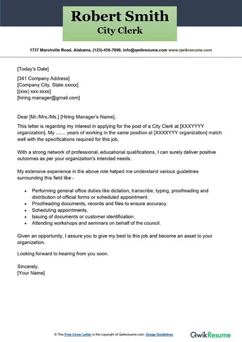 City Clerk Cover Letter Examples Qwikresume