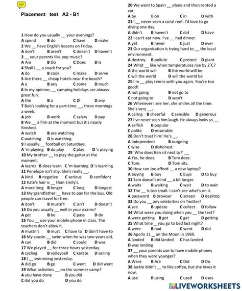 Placement Test A2 B1 Interactive Worksheet English Grammar Test