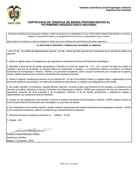 Certificado De Tenencia De Bienes Pertenecientes Al Patrimonio