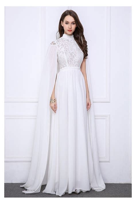 Pure White Cape Style High Neck Long Evening Gown 13254 Ck521