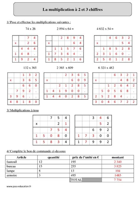 Multiplication à 2 et 3 chiffres Cm2 Exercices corrigés Calcul