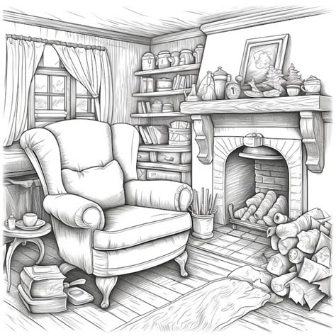 Premium AI Image A Drawing Of A Living Room With A Chair And A Fire