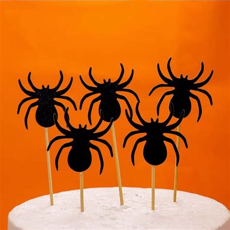 5pcs Pack Halloween Theme Black Spider Paper Card Cake Topper Plug In