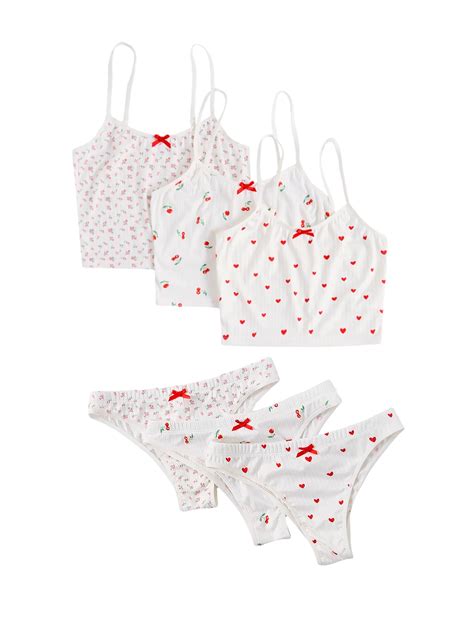 Beaudrm Women S Sets Cherry Print Lingerie Set Coquette Cami Crop Top Bra And Panties Thongs