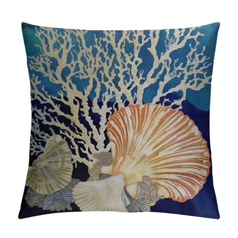 Throw Pillow Cover Blue Seashore Indigo Ocean Coral Seashells Beach House Gray Coastal