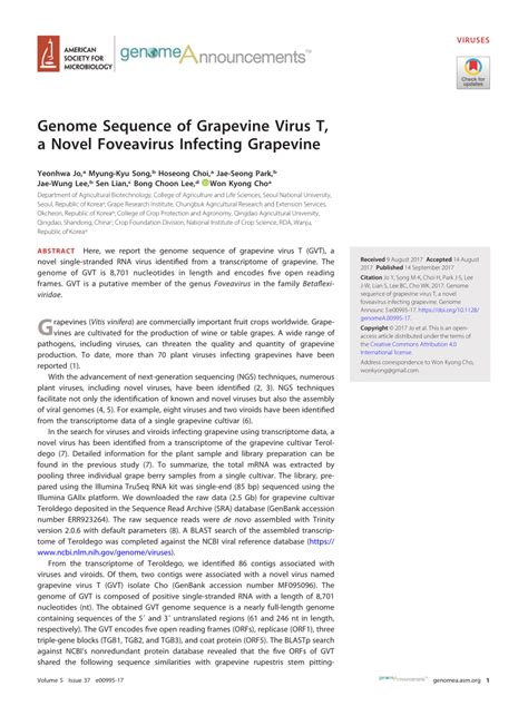 Pdf Genome Sequence Of Grapevine Virus T A Novel Foveavirus