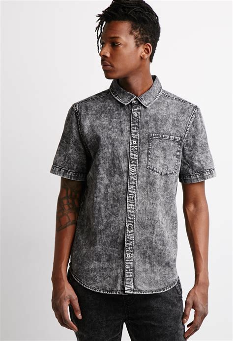 Forever 21 Acid Wash Denim Shirt In Black For Men Lyst