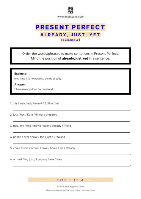 Present Perfect — Already Just Yet — Exercise 3 Esl Worksheets