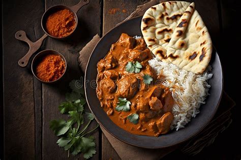 Chicken Tikka Masala Spicy Curry Meat Food In A Clay Plate With Rice