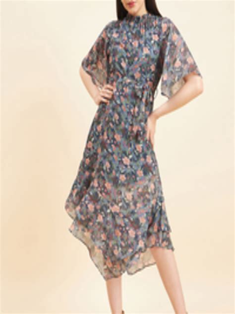 Buy Gipsy High Neck Floral Print Short Flared Sleeve Georgette A Line