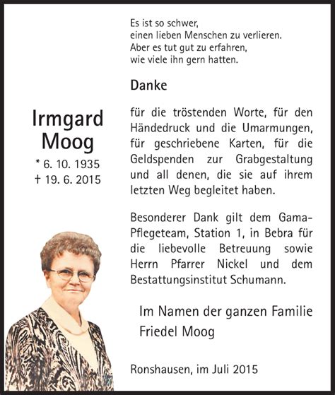 Traueranzeigen Von Irmgard Moog Trauer Hna De