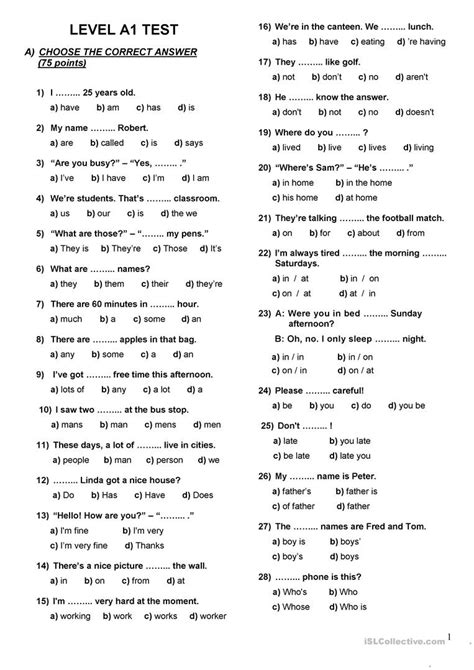 Placement Test A1 A2 Worksheet Free Esl Printable Worksheets Free