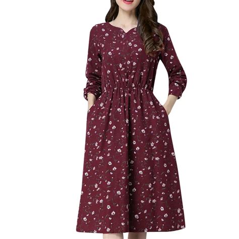 Youyedian Womens Linen Flower Print Loose Plus Size Long Sleeve V