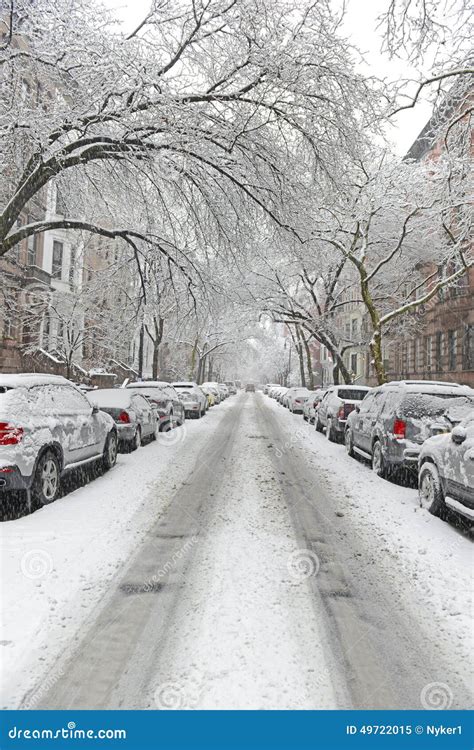 Snow Covered Street After Snowstorm New York City Stock Image Image