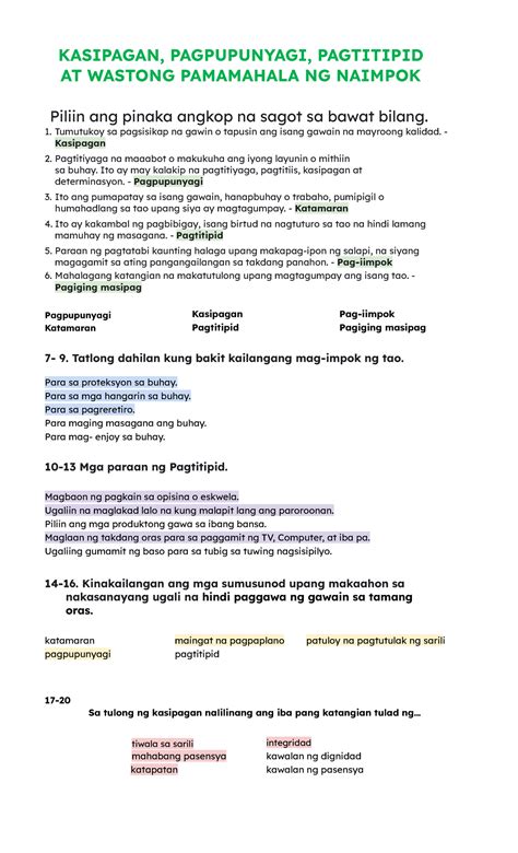 ESP 9 ST Quarter 3 KASIPAGAN PAGPUPUNYAGI PAGTITIPID AT WASTONG