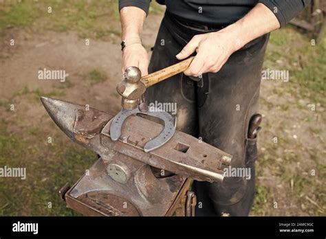 Blacksmith forges horseshoe with hammer on anvil. Ancient craft ...