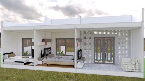 House Design 10x8 with 2 Bedrooms - House Plans 3D