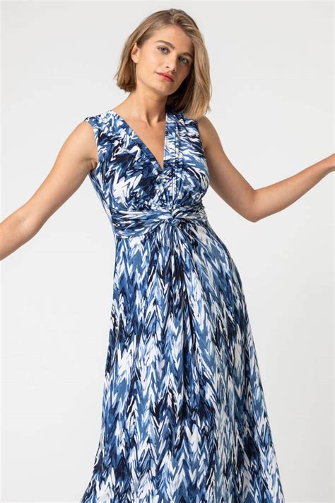 Roman Blue Abstract Print Twist Front Ruched Maxi Dress Matalan