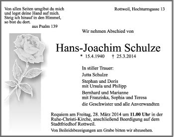 Traueranzeigen von Hans Joachim Schulze Schwarzwälder Bote Trauer