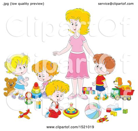 Clipart Of A Caucasian Mom Or Daycare Provider Supervising Playing