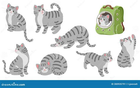 Simple And Adorable Illustrations Of Grey Tabby Cat Flat Colored Stock Illustration