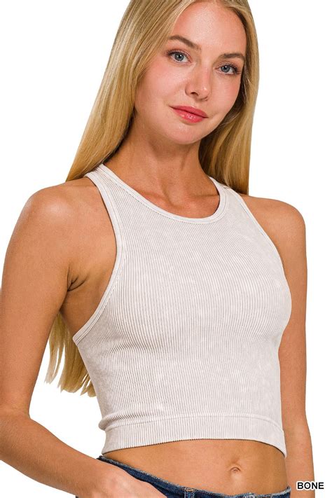 Zenana Women S Washed Ribbed Seamless High Neck Nylon Cropped Racer Back Tank Top