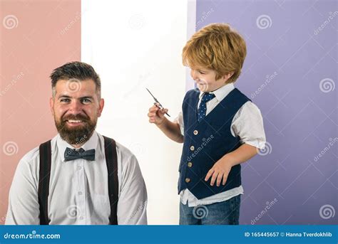 Happy Son Cuts Fathers Hair Shaving Man And Razor Man Barber Shaves