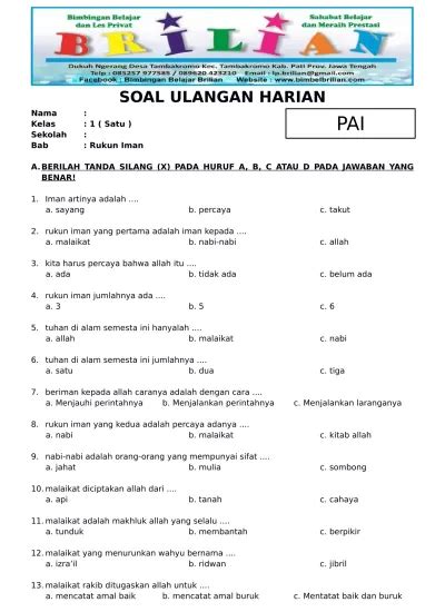 SOAL ULANGAN HARIAN Rukun Iman Kelas 1