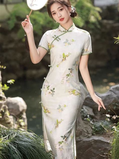 Floral Ramie Tea Length Summer Qipao Cheongsam Dress CozyLadyWear