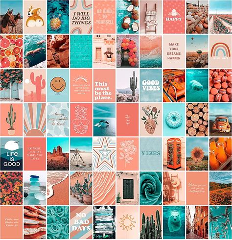 Anerza Peach Teal Wall Collage Kit Aesthetic Aesthetic Room Decor For