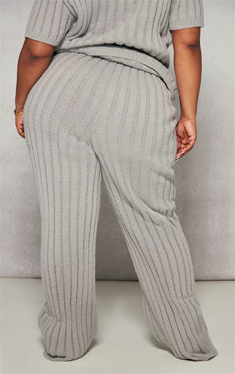 Plus Grey Brushed Rib Knit Wide Leg Pants Plus Size