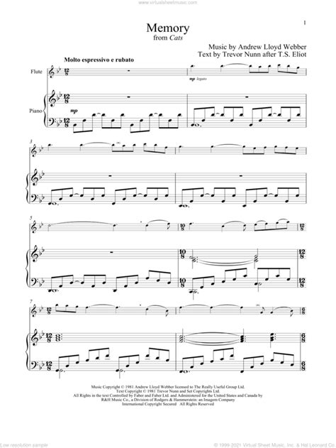 Memory (from Cats) sheet music for flute and piano (PDF)