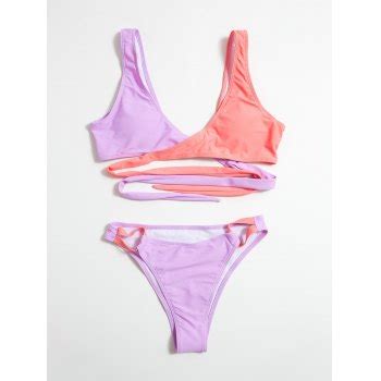 Emmiol Free Shipping 2024 Color Block Wrap Bikini Set Lilac S In Bikini