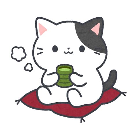 座布団に座りお茶を飲んで休憩する猫のイラスト ネコスト