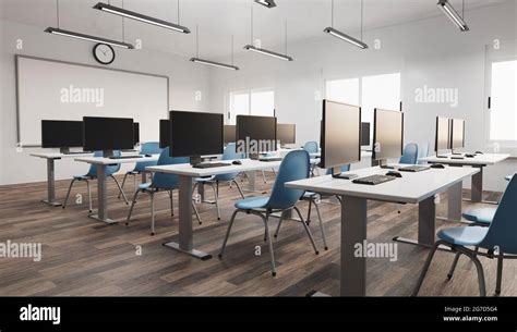 Side View Of A Modern Classroom With Computers And Luminous Windows In