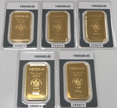 Goldbarren 100 Gramm Heraeus geprägt Heubach Edelmetalle