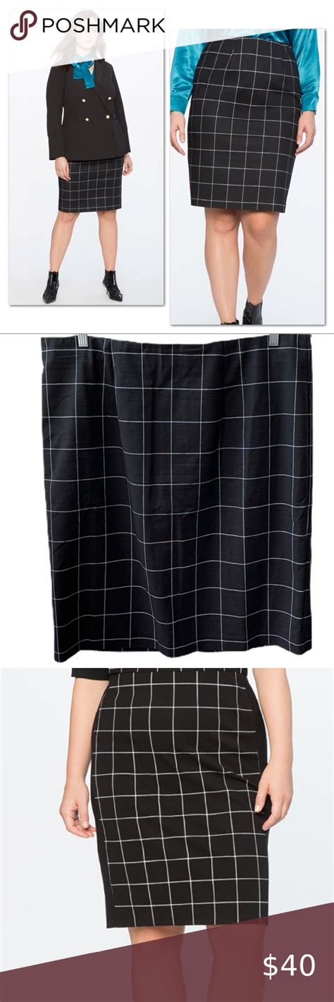 Eloquii 9 To 5 Black And White Windowpane Skirt Striped Skirt Pencil