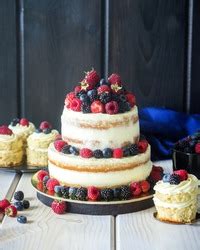 Two Tiered White Semi Naked Cake With Fresh Berries For A Wedding Or A Party A Food Drink