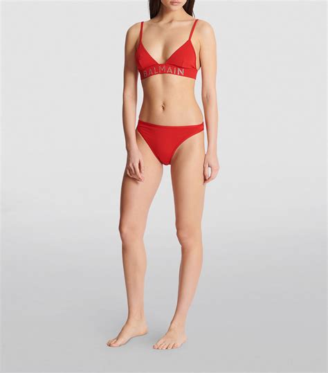 Balmain Red Logo Embellished Bikini Harrods UK