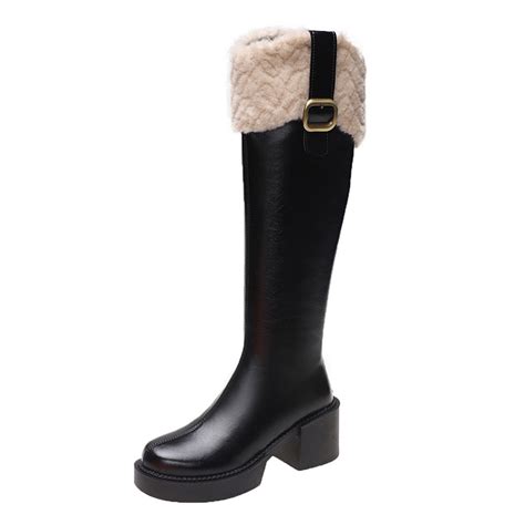 Lovskoo Women S Knee High Boots Leather Round Toe Platform Boots