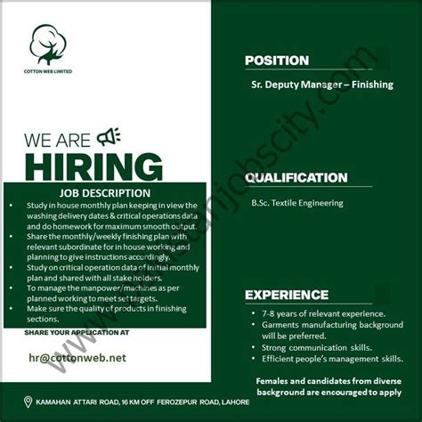 Cottonweb Limited Jobs Senior Deputy Manager Finishing