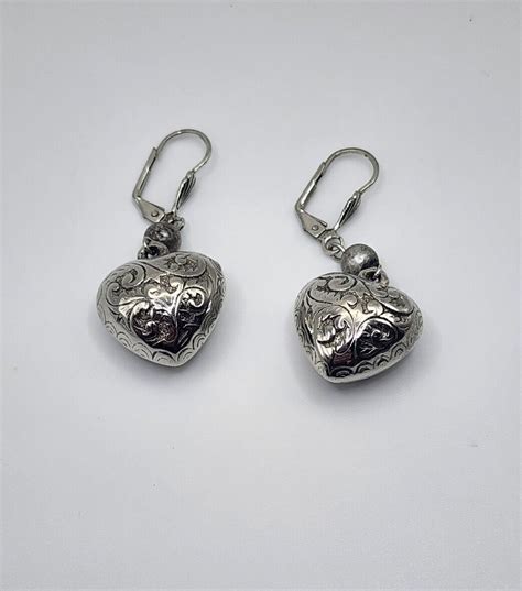 Vintage Heart Shaped Dangle Earrings Etched Silver Tone Scroll Love