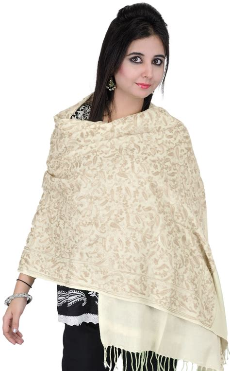 Ivory Stole From Amritsar With Aari Embroidered Paisleys Exotic India Art