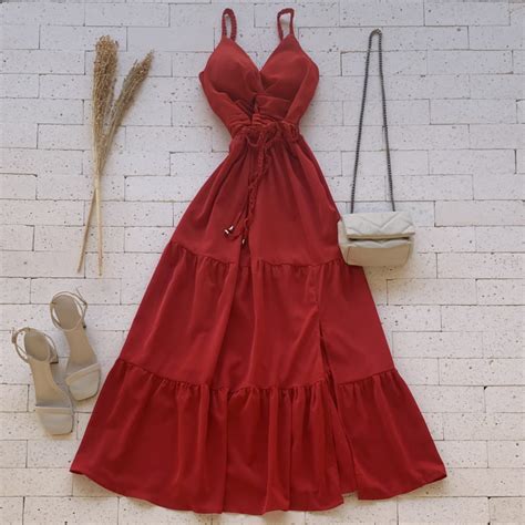 Vestido Longuete Fenda E N Zinho No Decote Vermelho Dondoca Moda