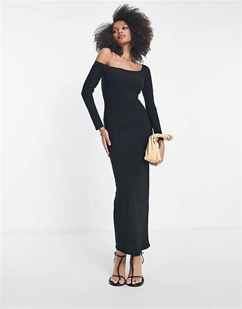 Asos Design One Shoulder Bodycon Midi Dress In Black Asos