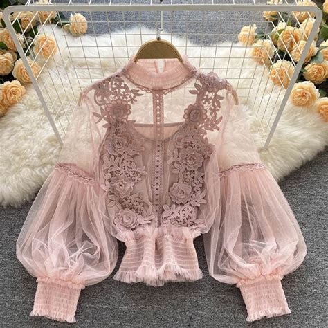 Lovely Lace Applique Long Sleeve TopFabric Tulle LaceColor Pink