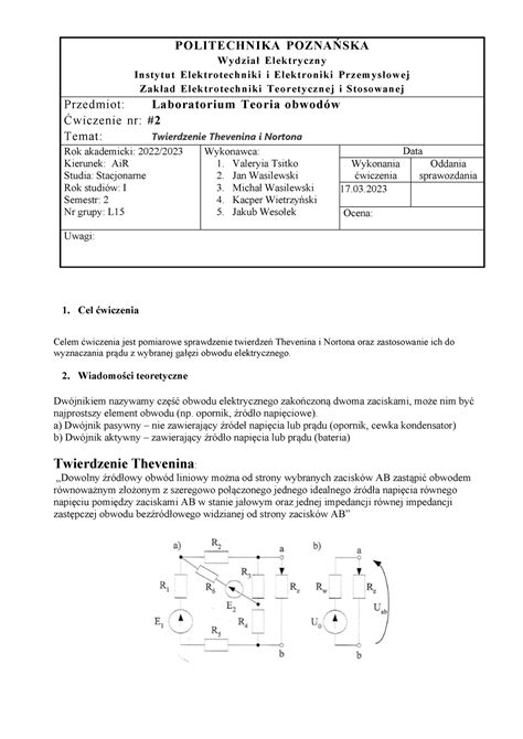 Sprawko SPrawozdanie POLITECHNIKA POZNAŃSKA Wydział Elektryczny
