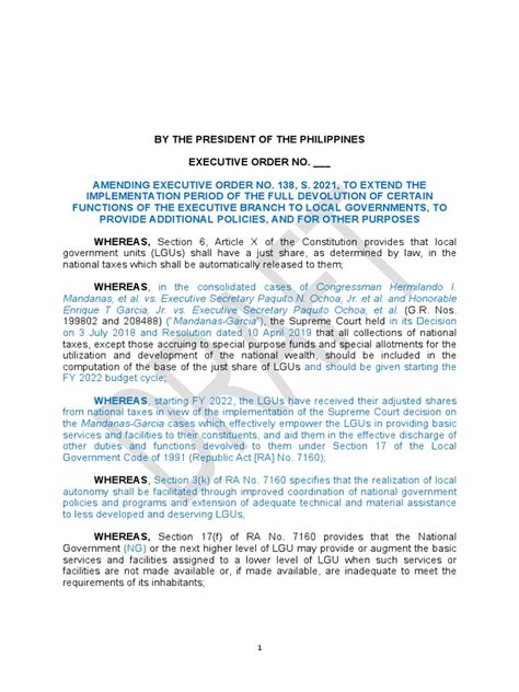 Draft Eo Amending Eo No 138 As 4 October 2022 5pm Pdf Devolution